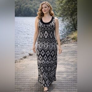 Chicos Maxi Dress 1 Medium Black White Stretch Washable Lightweight Summer